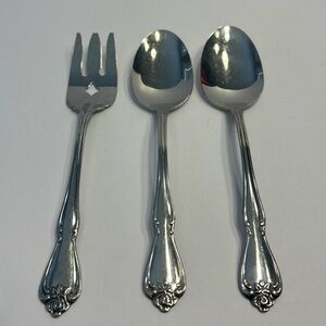 Oneida  Arbor Rose Stainless 3 piece serving Spoons And Meat Fork CANADA